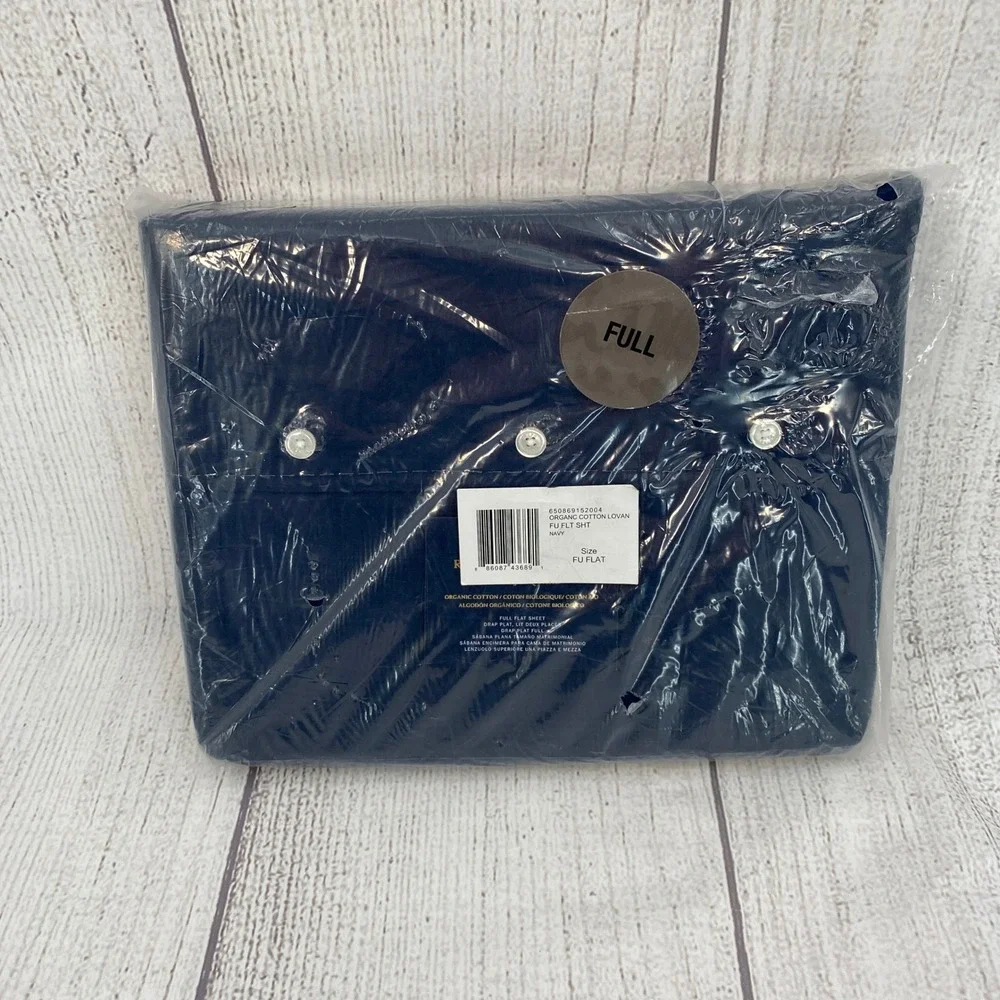 Ralph Lauren Lovan Jacquard Flat Sheet Full Navy Blue Organic Cotton Plaid